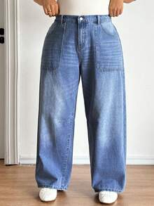 SHEIN CURVE+ Plus Size Fashionable Versatile High Waist Jeans,Loose Plus Size Denim Pants,Straight Wide-Leg Jeans,Light Wash Denim Pants,Elastic Waistband Denim Pants,Multi-Pocket Denim Pants,High-Waist Elastic Waistband Straight Wide-Leg Pants,Plus Size Loose Denim Pants,Multi-Pocket Straight Jeans,Office Casual Versatile Light Wash Denim Pants,Office Casual Versatile Multi-Pocket Denim Pants,Vacation Casual Denim Pants,All-Season Versatile Loose Wide-Leg Pants,Valentine's Day - Blue - View 5