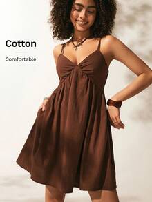 Easelle Women Dresses Backless Simpul Memutar Plain Seksi - Coklat - View 8