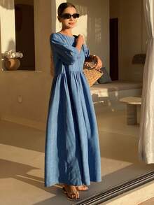 DAZY 女士褶裥休闲收腰中长连衣裙，适合度假和派对穿着 - 藍色 - 查看 5