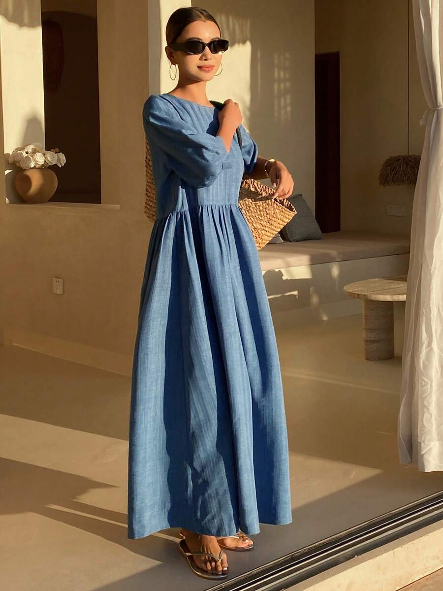 DAZY 女士褶裥休闲收腰中长连衣裙，适合度假和派对穿着 - 藍色 - 查看 1