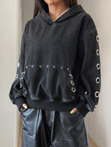 StreetHx Women's Dropped Shoulder Long Sleeve Casual Hooded Denim Jacket - Black - View 7