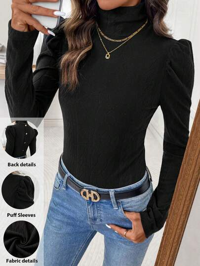 SHEIN Clasi Elegant stickad t-shirt med hög hals och elastiska Gigot-ärmar, slim fit för kvinnor, lämplig för vardagsbruk och flera tillfällen, svart topp för höst/vinter, nyår/vinter