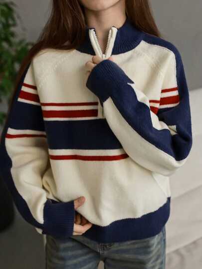 DAZY 少女宽松休闲条纹撞色半拉链毛衣，秋季款