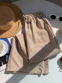 SHEIN EZwear 女士休閒條紋寬腿長褲，帶束腰繩 - 棕色 - 查看 3