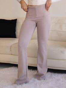 Andrea Bello Pantalones de punto con cintura alta, efecto pitillo y campana para mujer, de estilo minimalista para uso diario y estar en casa, color albaricoque - Caqui - Ver 3