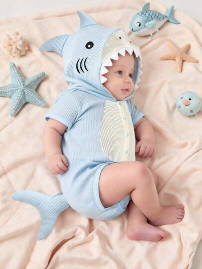 SHEIN Newborn Shark Shaped Bodysuit With 3D Embroidery, Short Sleeve Hooded Romper