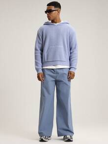 Musero Sudadera con capucha de punto, de ajuste relajado, de manga larga, con bolsillo tipo canguro, hombros caídos y corte recto, esencial para primavera y verano - Azul - Ver 5