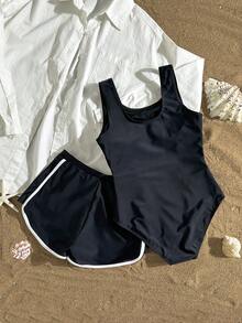 SHEIN 少女连体泳衣，黑色，易穿脱，镂空花卉设计，带短裤，时尚优雅，适合游泳、度假和夏季穿着 - 黑色 - 查看 3