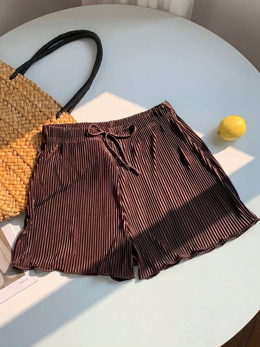 SHEIN EZwear Summer Solid Tie Front Wide Leg Baggy Shorts - Coffee Brown - View 1