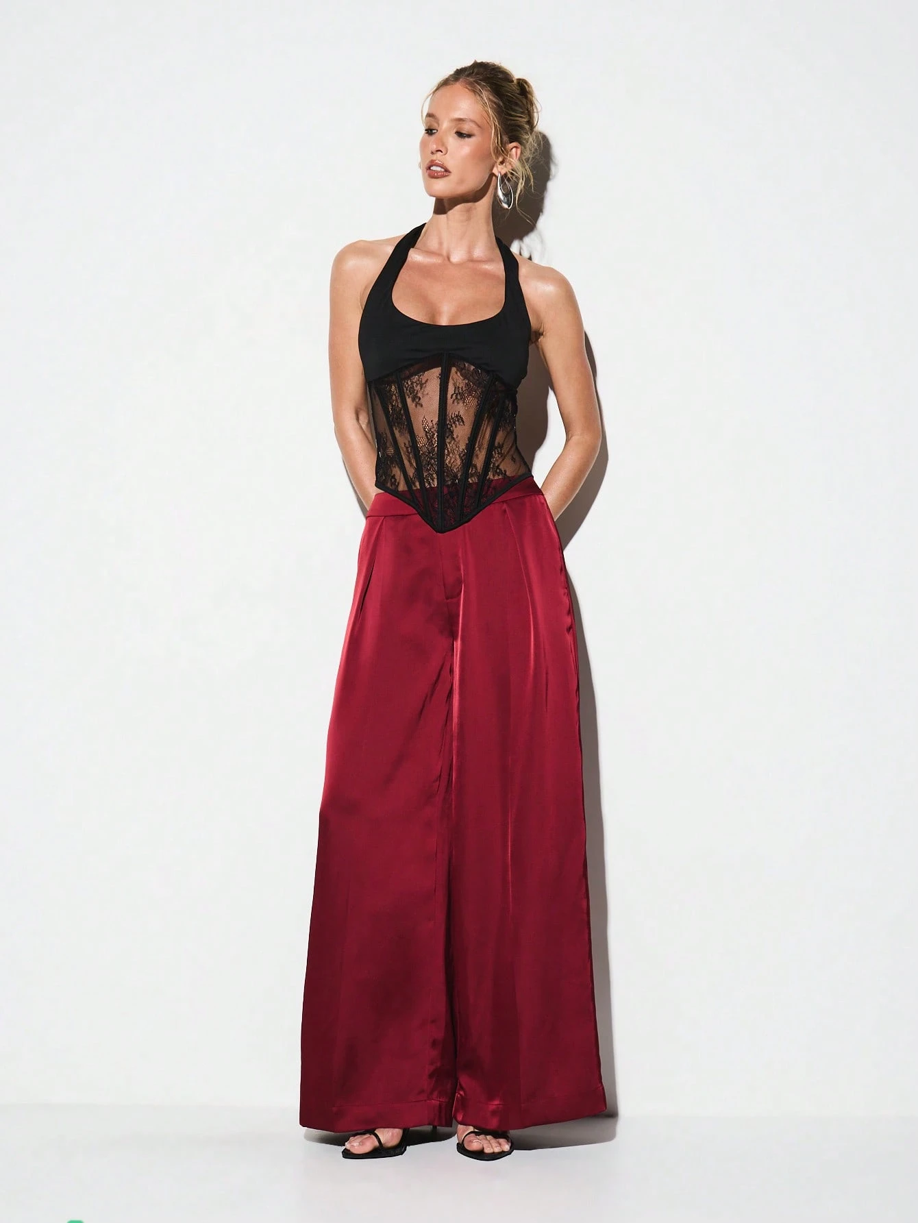 KIZN Lace Insert Halterneck Corset Top With Mesh