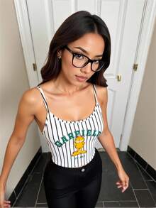 GARFIELD | SHEIN 女士休闲时尚街头卡通字母条纹印花吊带背心，夏季 - 白色 - 查看 5
