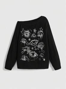 ROMWE Grunge Punk Women's Oblique Shoulder Punk Eye Print All-Match Versatile Knit Sweater - Black - View 1