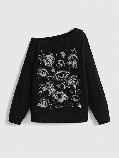 Grunge Punk Women's Oblique Shoulder Punk Eye Print All-Match Versatile Knit Sweater