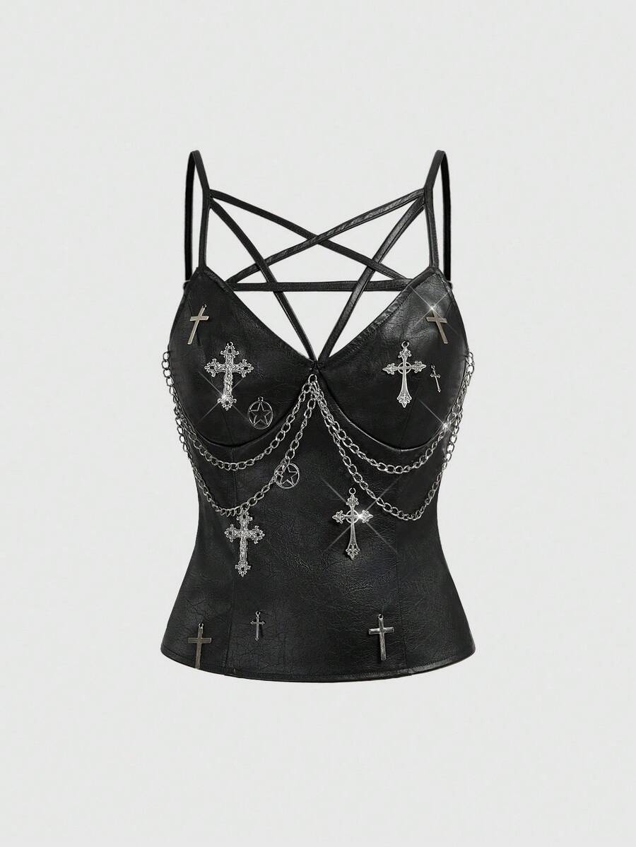 ROMWE Grunge Punk 女士复古摩托车朋克街头五角星系带PU面料十字装饰背心 - 黑色 - 查看 1