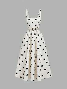 SHEIN MOD Váy chấm bi buộc eo, dành cho sinh viên, thường ngày, thanh lịch - Đen và trắng - Xem 5