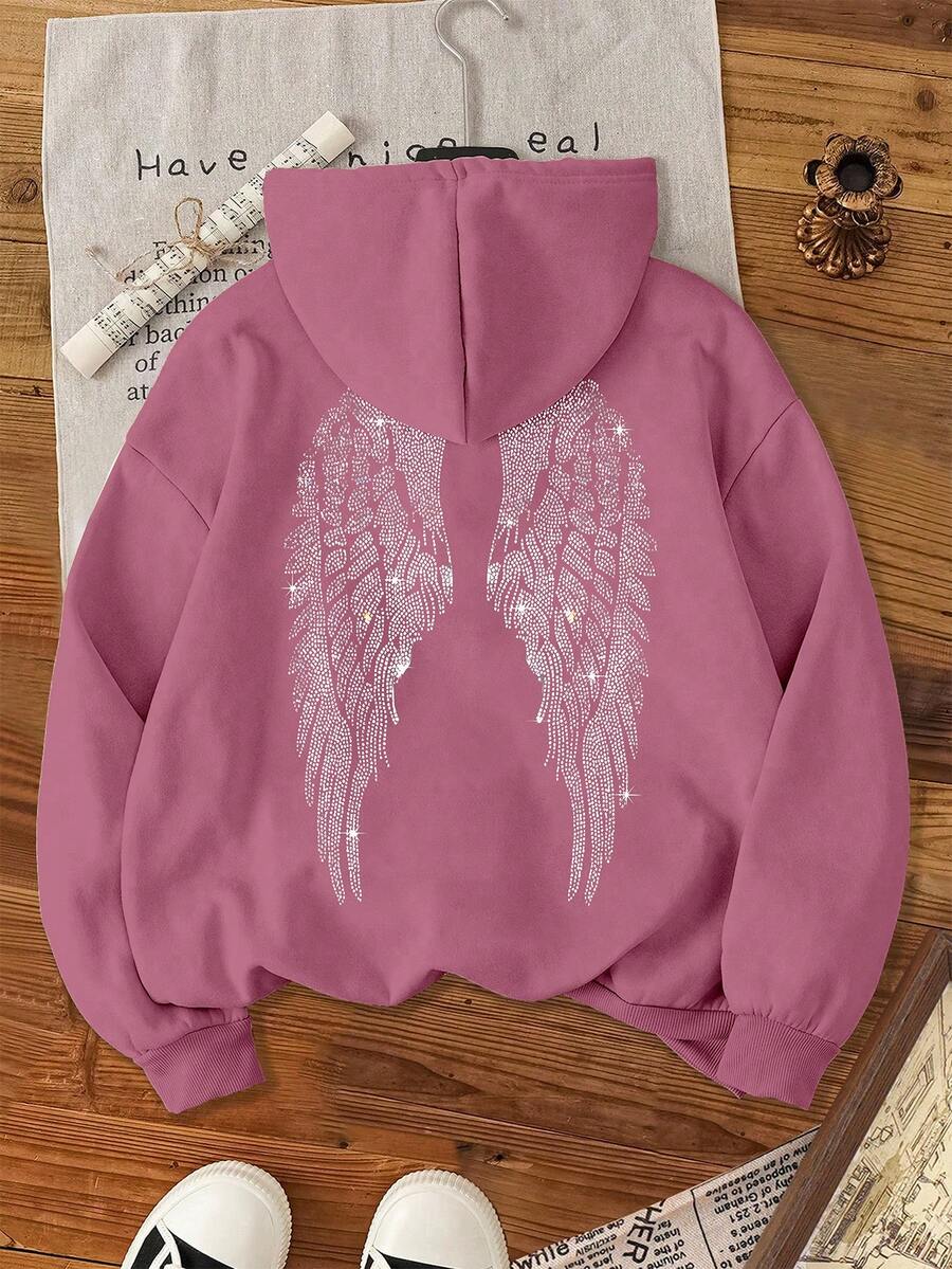 Glimmora Women's Dropped Shoulder Long Sleeve Sweatshirt With Wing Pattern On Back - Dusty Pink - View 1