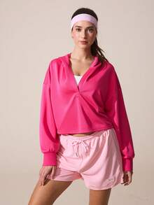 SHEIN Sovereign Charm 女士纯色V领连帽休闲百搭通勤户外长袖卫衣 - 玫紅色 - 查看 4