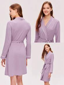 LUVLETTE 基础款柔软纯棉长袖短腰系带女士浴袍睡衣睡袍女式睡衣 - 紫色 - 查看 2