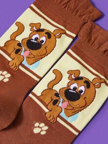 SCOOBY-DOO X SHEIN 1 par de calcetines de tripulación con volantes y estampado de perro de dibujos animados, cómodos para mujer, para otoño/invierno - Multicolor - Ver 4