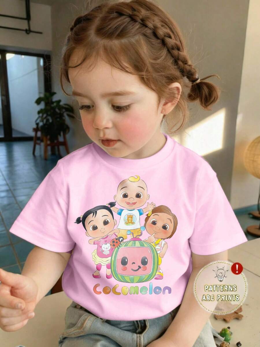 CoComelon X SHEIN Baby Girl Casual Cartoon Pattern Round Neck Short Sleeve Top, Summer - White - View 1