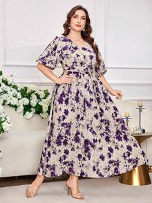 Modelyn 大码女士优雅印花收腰A字连衣裙 - 紫色 - 查看 6