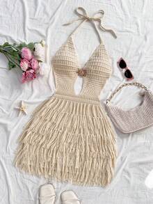 Soleia Women's V-Neck Halter Tie Back Fitted Sweater Dress, Bohemian, Boho, Vacation, Autumn/Winter - Apricot - View 7