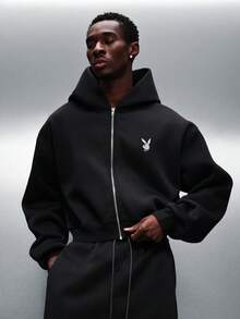 PLAYBOY X SUMWON Oversized Hooded Sweatshirt Matching Joggers Set With Embroidered Text Full Zip Closure Elastic Waistband Drawstring Comfortable Relaxed Fit - Dark Grey - View 3