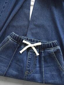 SHEIN Jeans casuales de uso diario para niñas preadolescentes con bolsillos en diagonal y cintura con cordón - Azul lavado oscuro - Ver 8