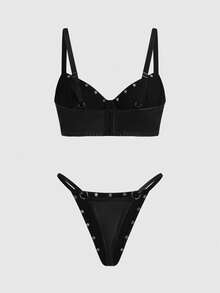 ROMWE Grunge Punk Dark Punk PU Studded Underwire Round Garter Belt Sexy Lingerie Set - Black - View 2