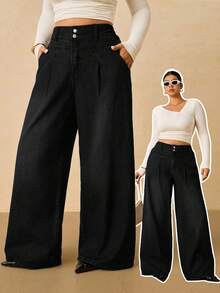 SHEIN Tall CURVE Plus Size Casual Everyday Simple Solid Color Slant Pocket Loose Wide Leg Jeans - Black - View 9