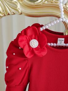 女童时尚红色针织圆领串珠泡泡袖A字裙，优雅珍珠花领，别致风格适合新年派对，春秋季 - 紅色 - 查看 7