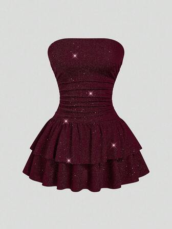 Sweetra 大码金属箔抹胸双层荷叶边收腰派对连衣裙