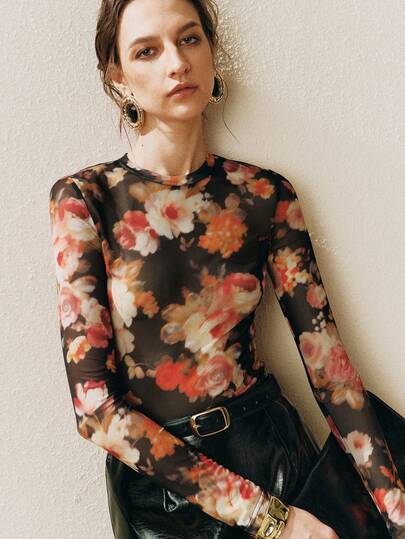 Arave Women's Slightly Sheer Stretch Mesh Top With A Fitted, Off-The-Shoulder Design And Floral Print. Slim Fit, Suitable For Everyday Wear And Commuting Blouses For Women Party Valentine's Day Holiday Outfits For Women