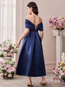 Pitira 少女优雅宝石蓝刺绣网纱缎面露肩连衣裙，腰部系带设计，适合正式场合、派对、生日等场合。 - 寶藍色 - 查看 2