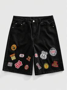 ROMWE MEN Men's Embroidered Pattern Loose Denim Shorts Spring/Summer - Black - View 1
