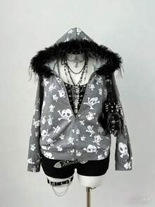 Sunspun Hanorac retro închis la culoare, soft punk, Harajuku, cu imprimeu de craniu, pentru femei, începutul toamnei