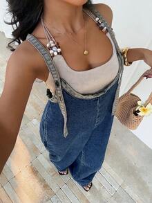 Sunnyshic 女士撞色阔腿休闲牛仔连体裤 - 深色水洗藍 - 查看 6