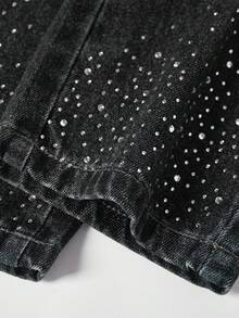 SHEIN Jeans para niñas, azul lavado medio, estilo callejero casual de vacaciones, diseño Y2K, cintura elástica irregular, bolsillos básicos, cierre con botón a presión, decoración de rhinestone, pierna recta suelta, denim de algodón suave, sin estiramiento, adecuado para uso diario, ir y venir, salir, fiesta, nueva llegada de otoño/invierno - Negro - Ver 8