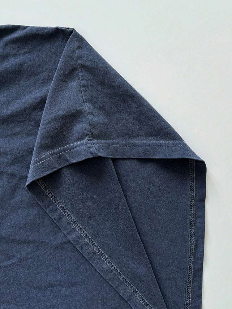 Men's Letter Print Blue Round Neck T-Shirt, Summer