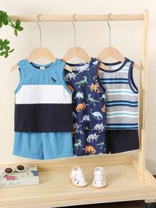 6件套男婴夏季休闲度假可爱卡通图案条纹背心和短裤基础内衣套装 - 彩色 - 查看 5