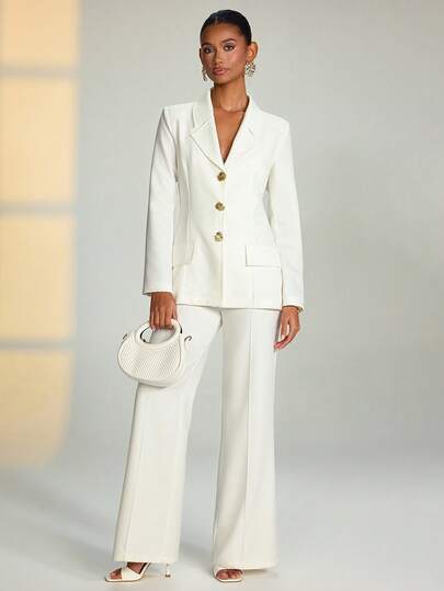 EURMUSE White Tailored Two‑Piece Suit Set - Women's Gold‑Button Single‑Breasted Blazer & High‑Waist Wide‑Leg Trousers, Office Workwear, Business Casual, Wedding‑Guest & Bridal Party Outfit, Power Suit, Professional Meeting Attire, Lightweight Lined, Day‑To‑Night Versatile, Plus & Petite Sizes, True To Size, Fast Shipping, Boho, Suit, Weeding, Cool, Kind, Good Quality White Suit White Suits For Woman Blazer Set For Women Womens Suits Women S Suits