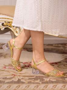 CUCCOO TILAWA Sparkling Water Diamond Women's High-Heeled Sandals With Water Diamond Hollowed-Out Design And Transparent Crystal Design, Featuring A Luxurious Style For Spring And Summer Valentine's Day - yellow gold - View 3