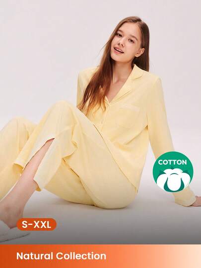 LUVLETTE Basics Yellow Soft 100% Pure Cotton Fabric With Lace Trim Long Women Pajama Set Lounge Sets For Women Lingerie Pyjama