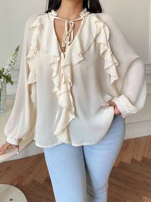Vibekara Áo kiểu tay dài cổ chữ V sâu, chất liệu chiffon dày dặn, có bèo nhún, tay buộc dây, dành cho người có vóc dáng lớn. - Màu be - Xem 6