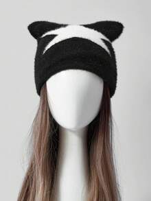 Y2Kool Fashionable Autumn/Winter New Five-Pointed Star Adults Beanie Hat, Stylish Sweet And Spicy Cat Ear Warm Hat, Star Casual Cute Elegant Street Style Jacquard Knit Hat - Multicolor - View 5