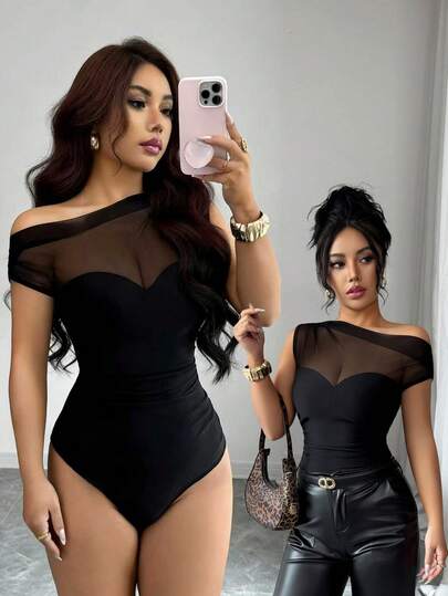 Selianne Summer New Sexy Black Shoulder Splice Mesh Ruched Waist Women's Bodysuit, Suitable For Party, Vacation