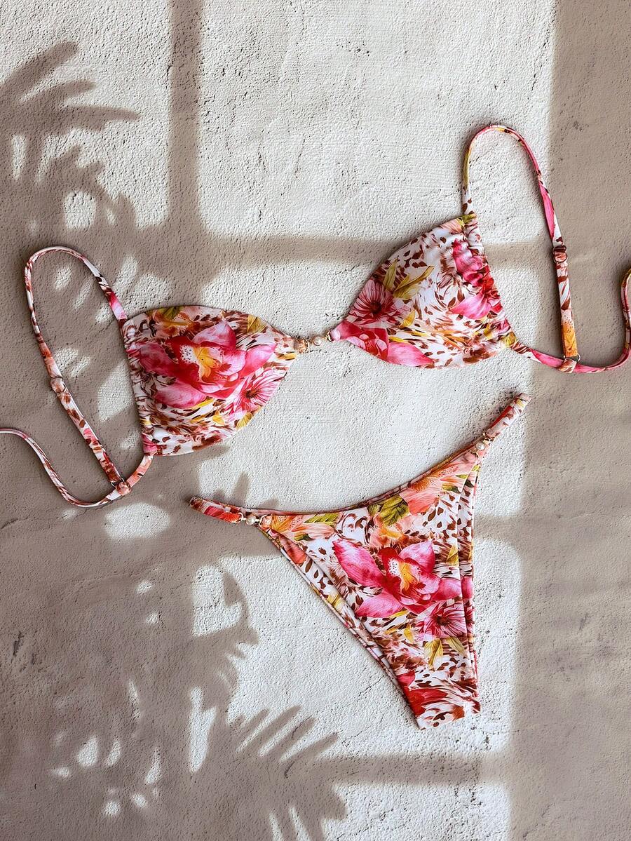 Swim Vcay Bộ bikini nữ phong cách nghỉ dưỡng, chụp ảnh bãi biển, họa tiết hoa hồng và da báo phối màu xuân/hè 2026, kiểu dáng tam giác, khóa ngọc trai và dây buộc điều chỉnh được. - Nhiều màu - Xem 1