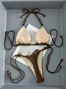 Swim Vcay 女士春夏沙滩音乐节棕色串珠露背系带优雅时尚丁字比基尼套装