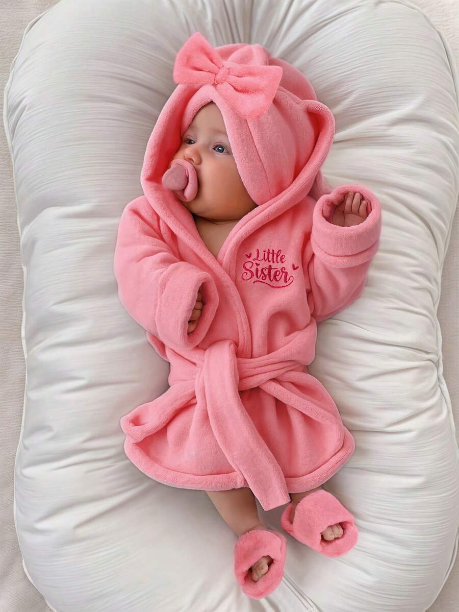 SHEIN Newborn Girl Photography Bathrobe With Matching Turban Hat And Mini Slippers Infant Photoshoot Outfits Love Embroidery Newborn Props Fall Winter