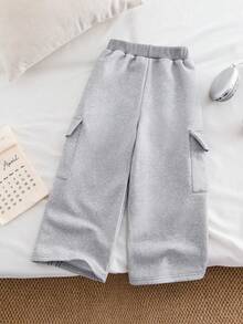 Genkimix Kids Jeune garçon Mode décontractée Streetwear Pantalon cargo à jambe droite ample avec décoration de ruban bicolore en polaire, Noir, Convient pour l'automne/l'hiver - Gris - Voir 2